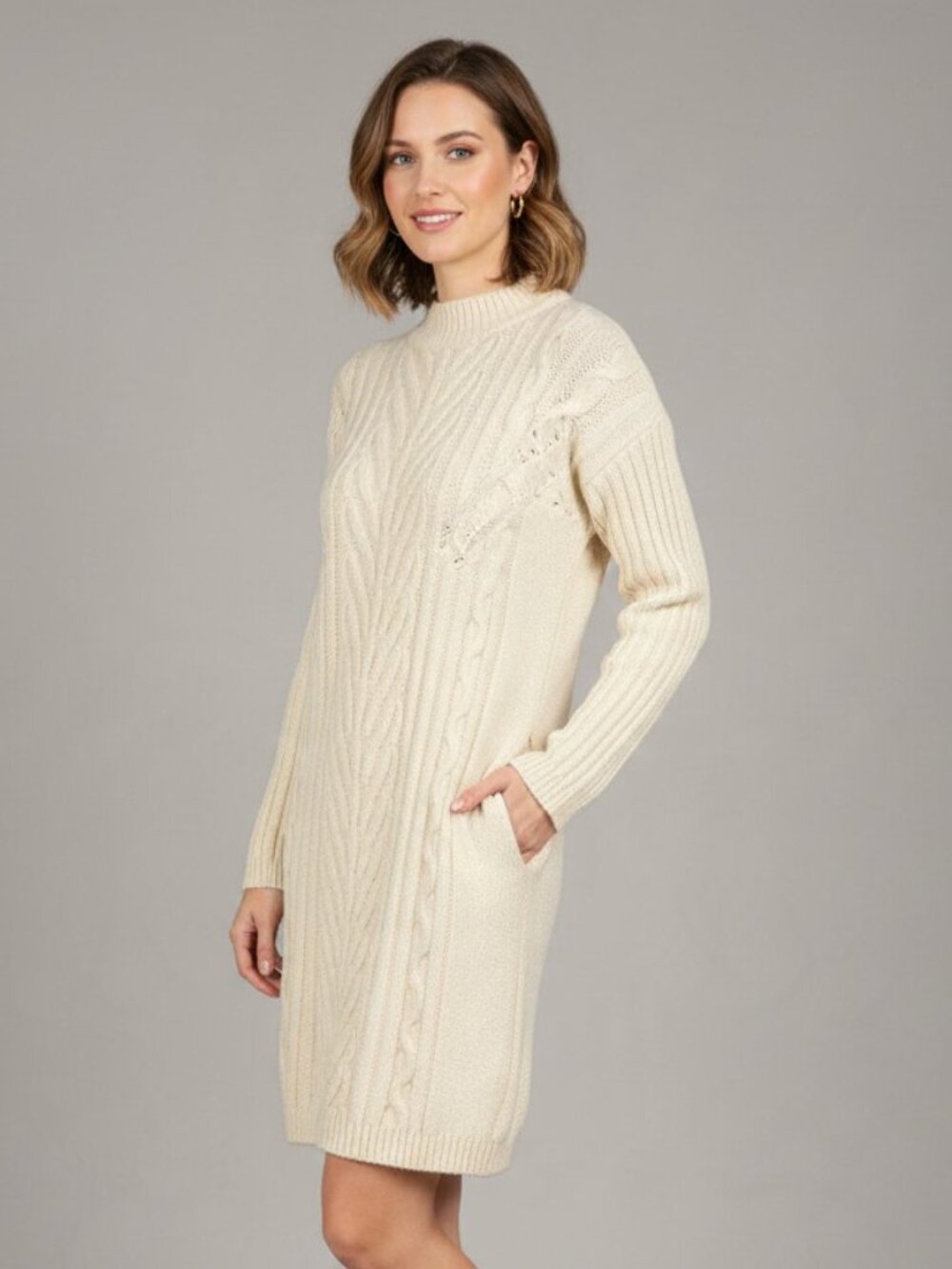 Express Womens Small Ivory Cable Knit Sweater Tunic Long Sleeve Cozy Winter
